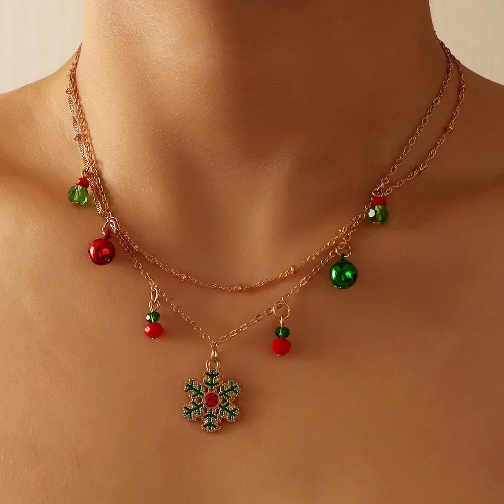 Festive Snowflake Pendant Necklaces for Women with Bells