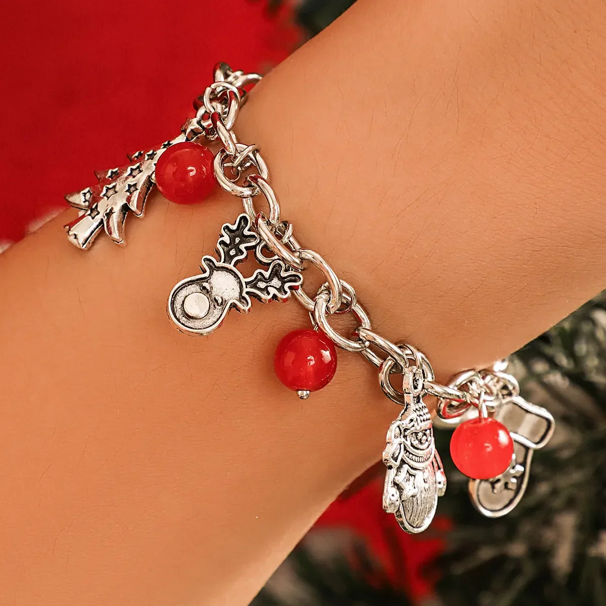 Silver Tone Christmas Bracelets with Festive Charms and Red Beads