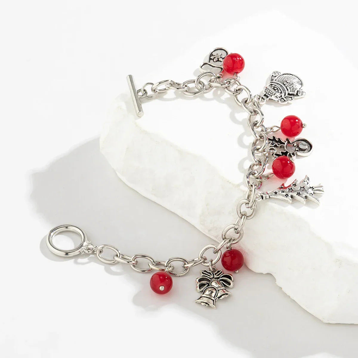 Silver Tone Christmas Bracelets with Festive Charms and Red Beads