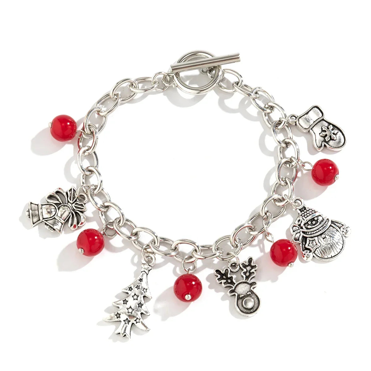 Silver Tone Christmas Bracelets with Festive Charms and Red Beads