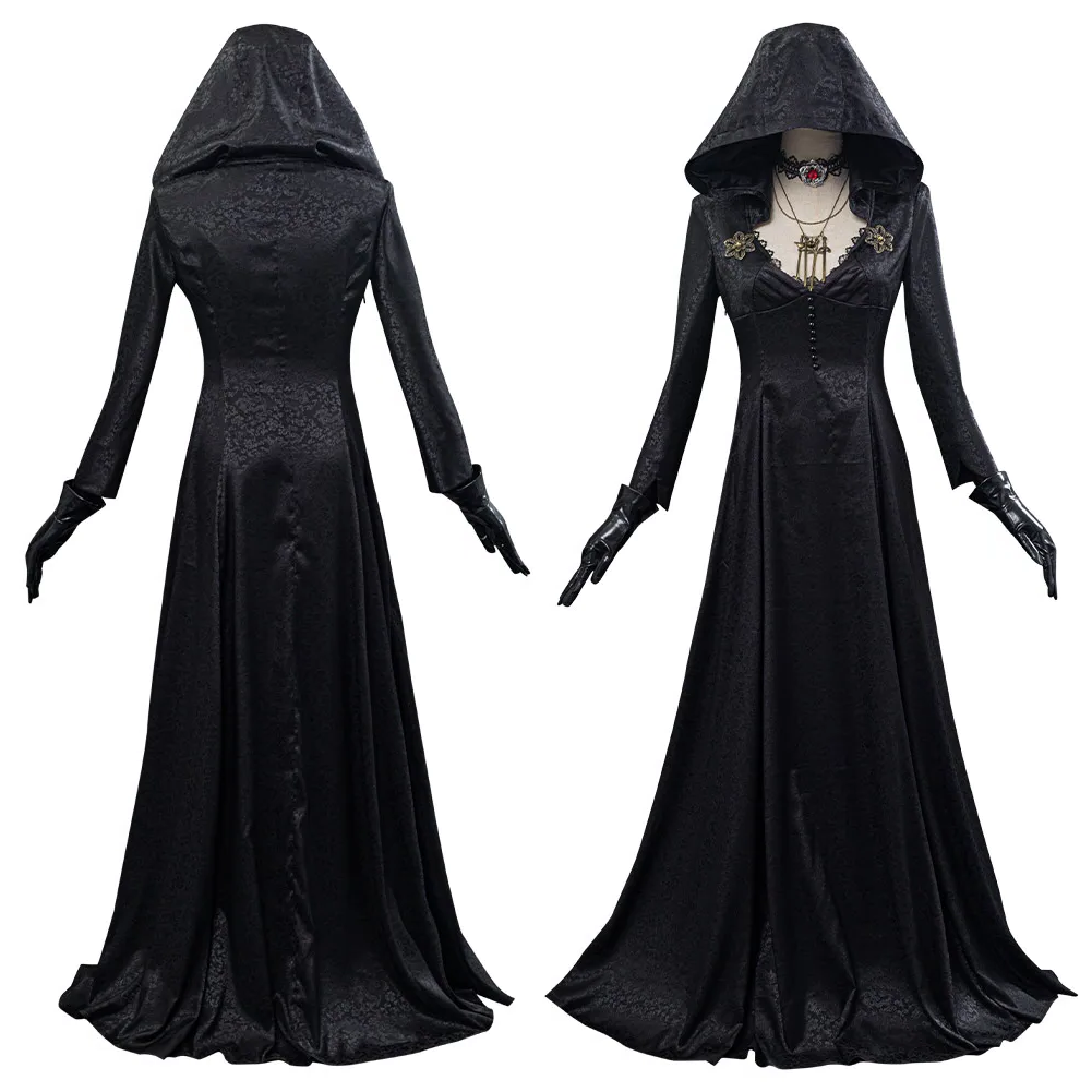 Vampire lady Halloween costume with jacquard coat and dress