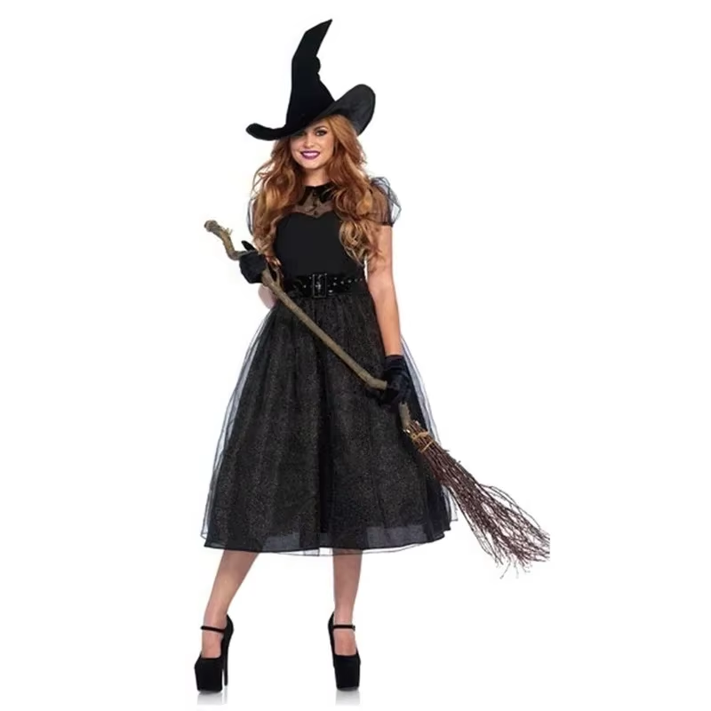 Adult witch Halloween costume style 2 with hat, dress, belt and gloves
