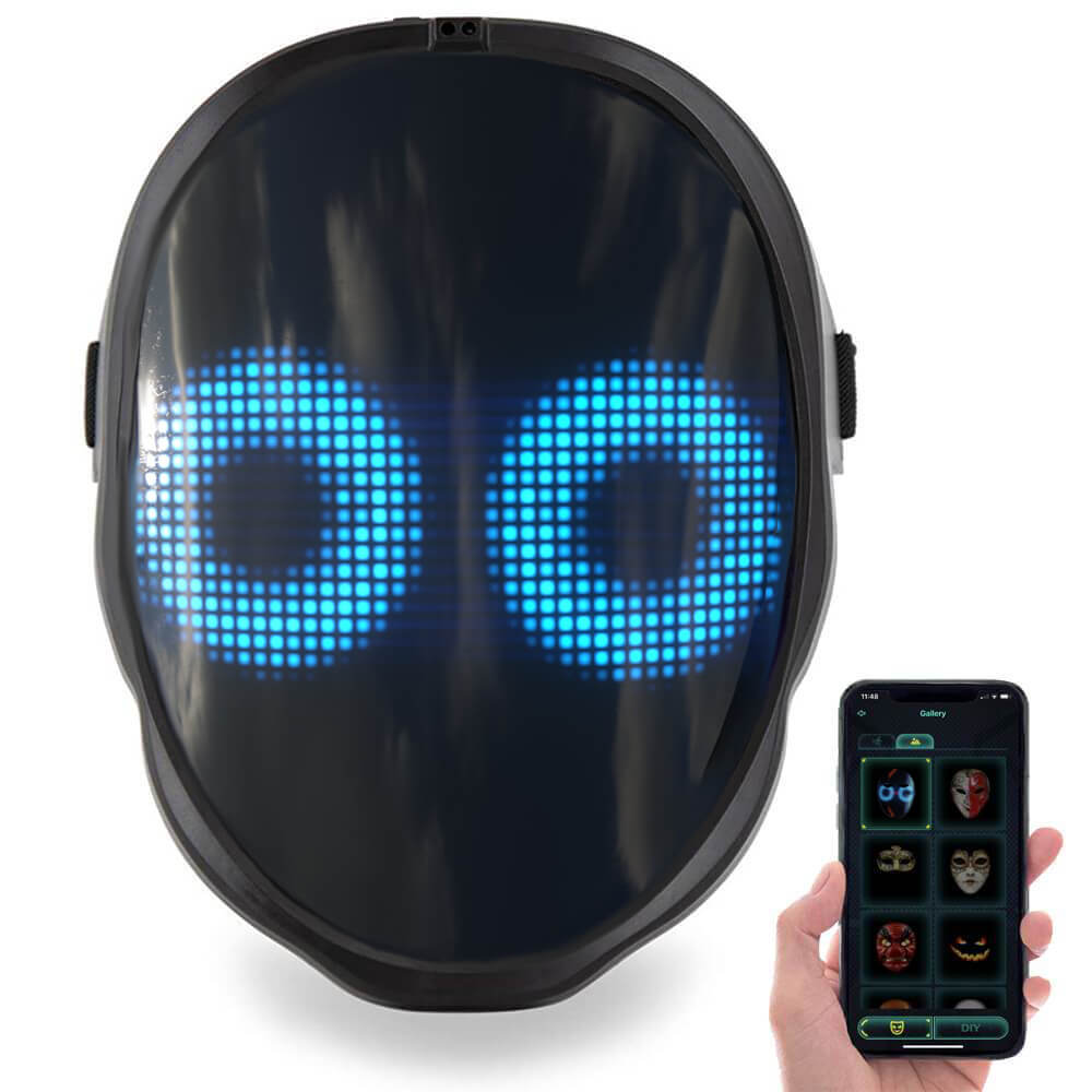 LED party face mask displaying a glowing animated face
