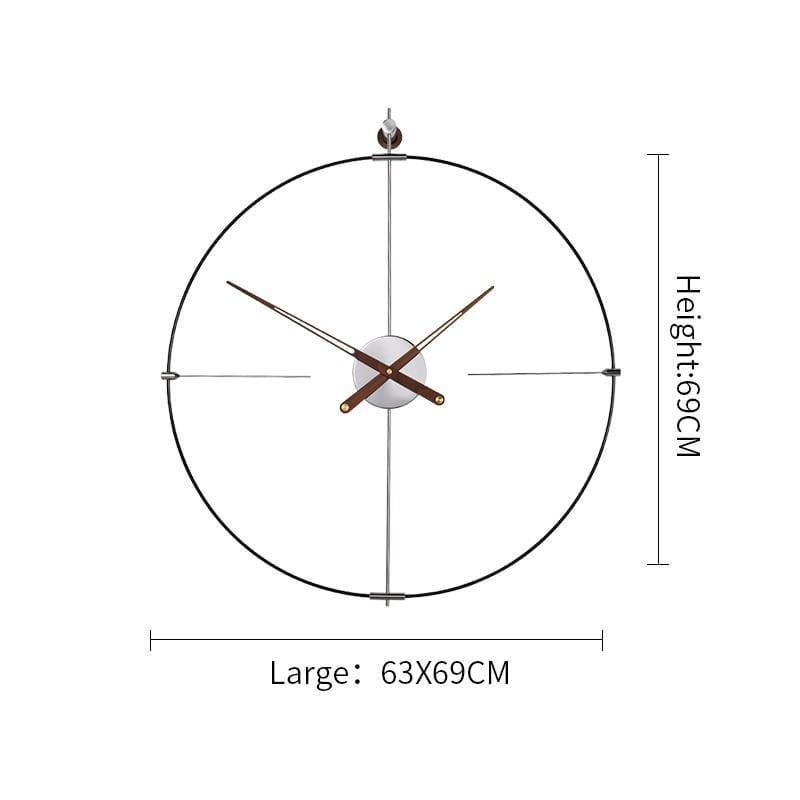 Oversized Wall Decor Clock with Wooden Hands and Brass Rivets | Open Metal Ring, No Numerals | 63 x 69 cm