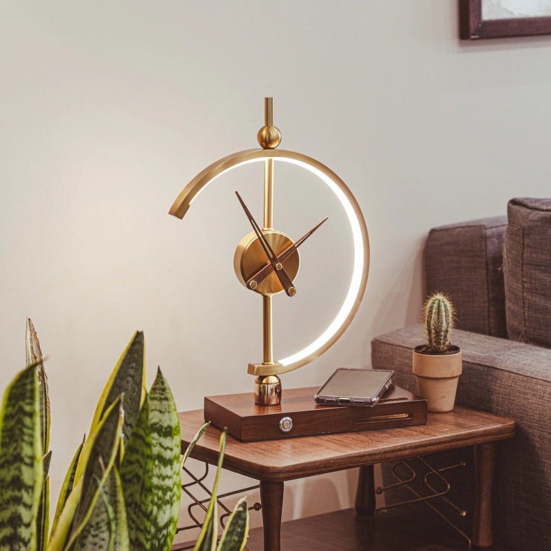 Arched LED Table Lamp with a Built-In Clock | Qi Wireless Charging Pad in the Wooden Base | Dimmable Warm or Cool White