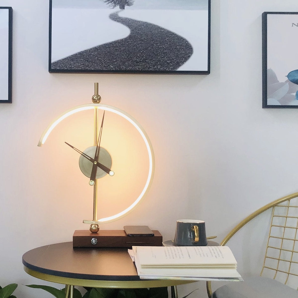 Arched LED Table Lamp with a Built-In Clock | Qi Wireless Charging Pad in the Wooden Base | Dimmable Warm or Cool White