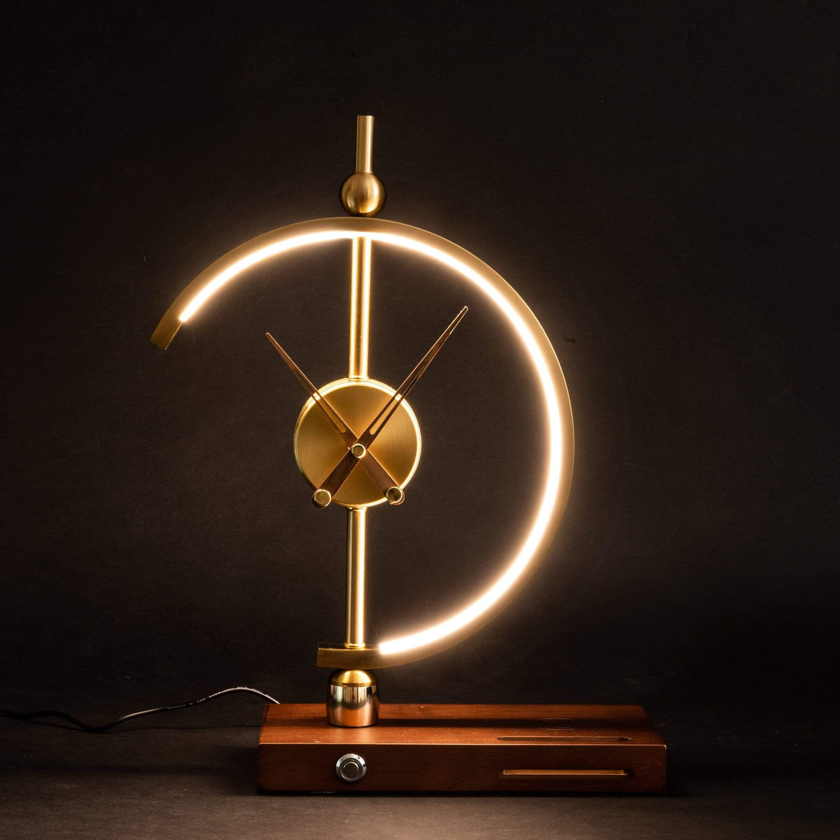Arched LED Table Lamp with a Built-In Clock | Qi Wireless Charging Pad in the Wooden Base | Dimmable Warm or Cool White