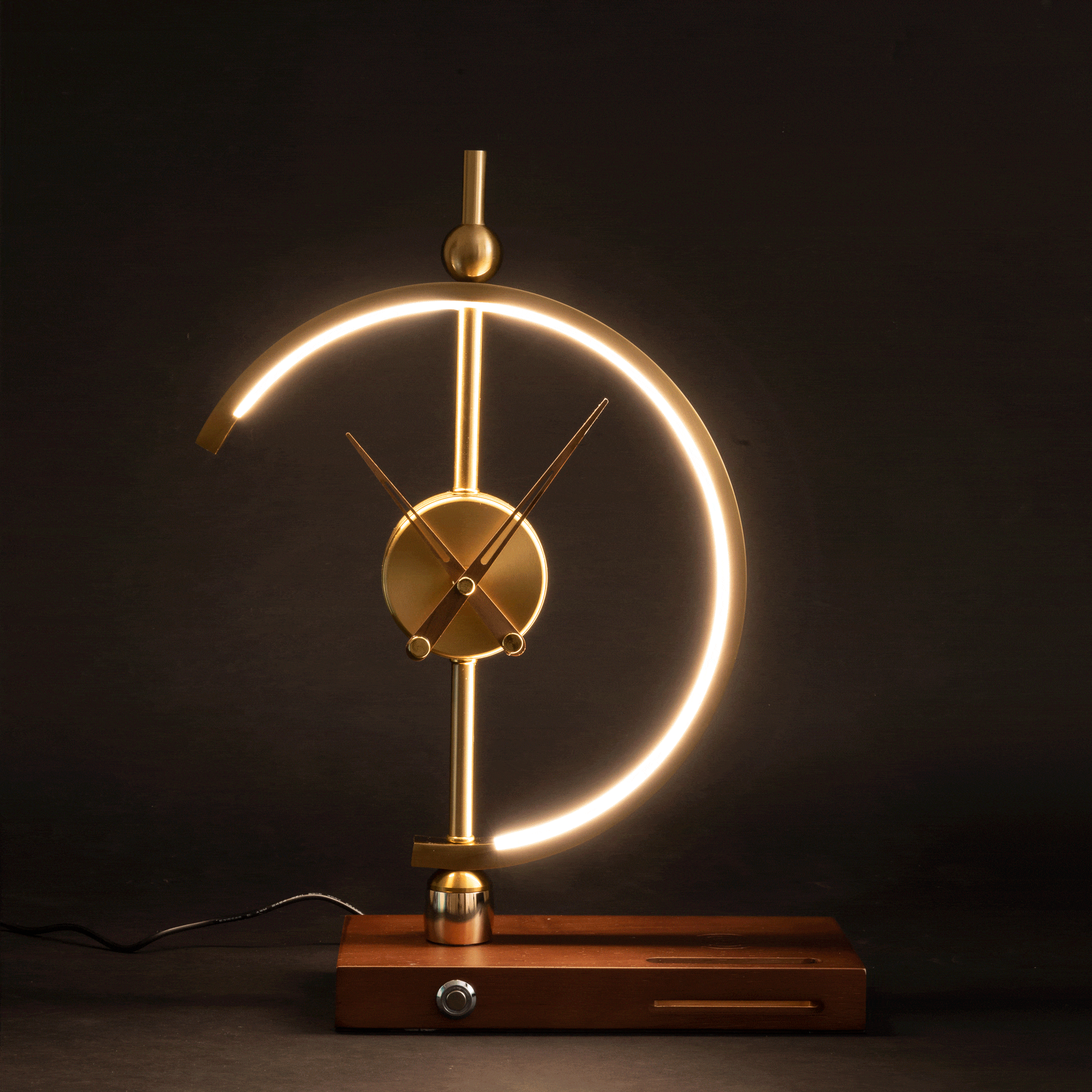 Arched LED Table Lamp with a Built-In Clock | Qi Wireless Charging Pad in the Wooden Base | Dimmable Warm or Cool White
