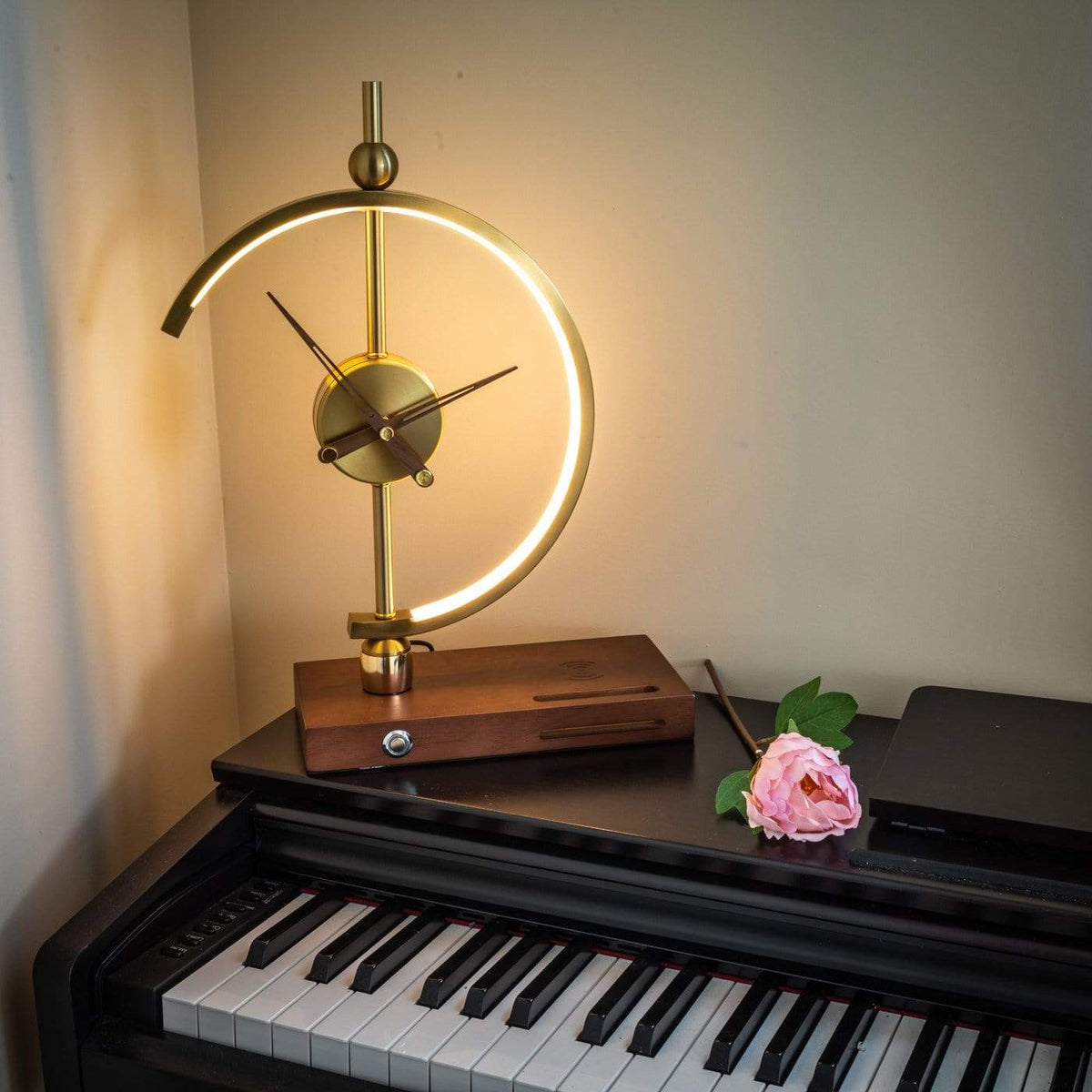 Arched LED Table Lamp with a Built-In Clock | Qi Wireless Charging Pad in the Wooden Base | Dimmable Warm or Cool White