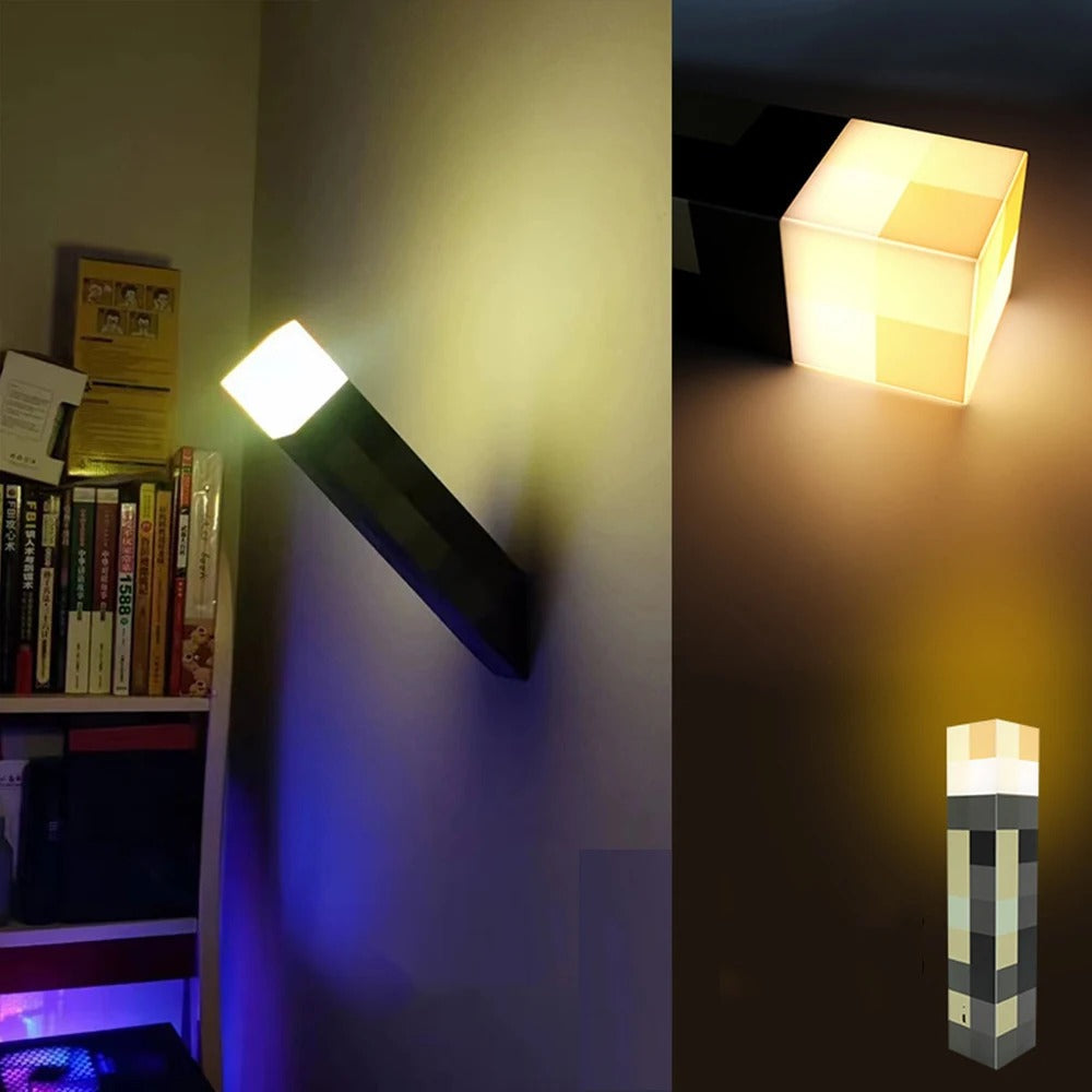 Pixel Torch LED Night Light for a Gamer Bedroom or Shelf | USB Rechargeable with a Soft Warm Glow | Wall Mounted or Standing
