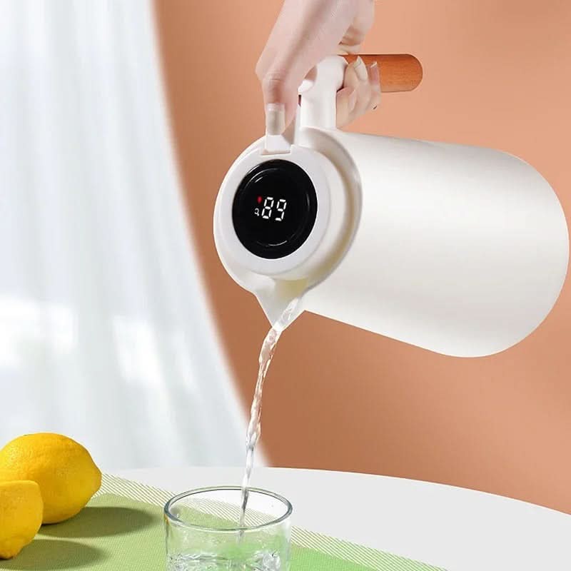 Insulated Glass Thermo Jug with Temperature Display | Wood Handle Design | Keeps Beverages at Temperature