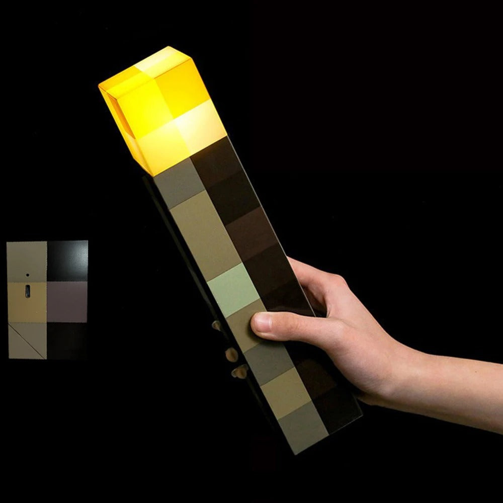 Pixel Torch LED Night Light for a Gamer Bedroom or Shelf | USB Rechargeable with a Soft Warm Glow | Wall Mounted or Standing