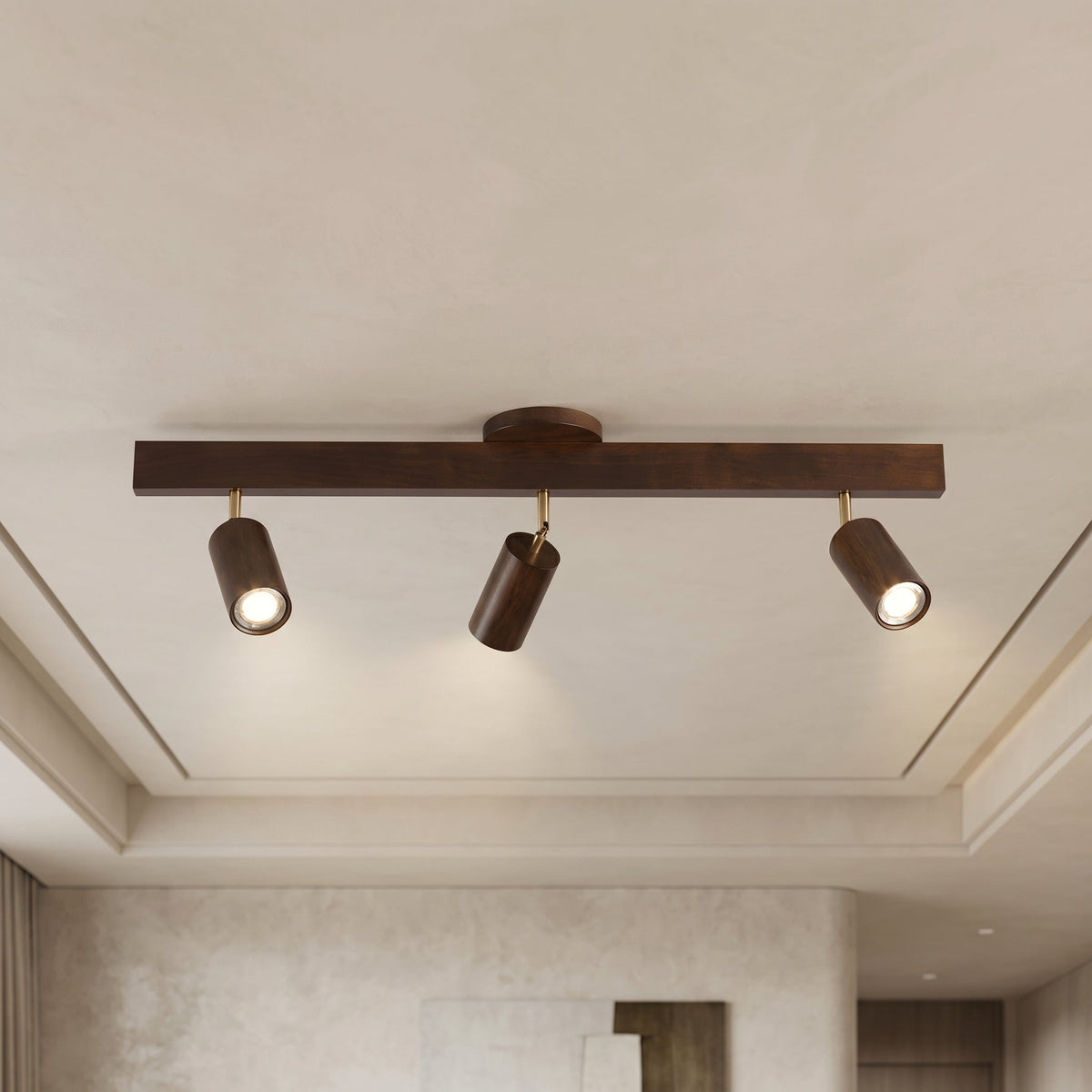 Wood-Finish Track Lighting with Adjustable Spotlights | Available in 4 Lengths Up to 47.2 Inches | Walnut or Natural Wood Finish