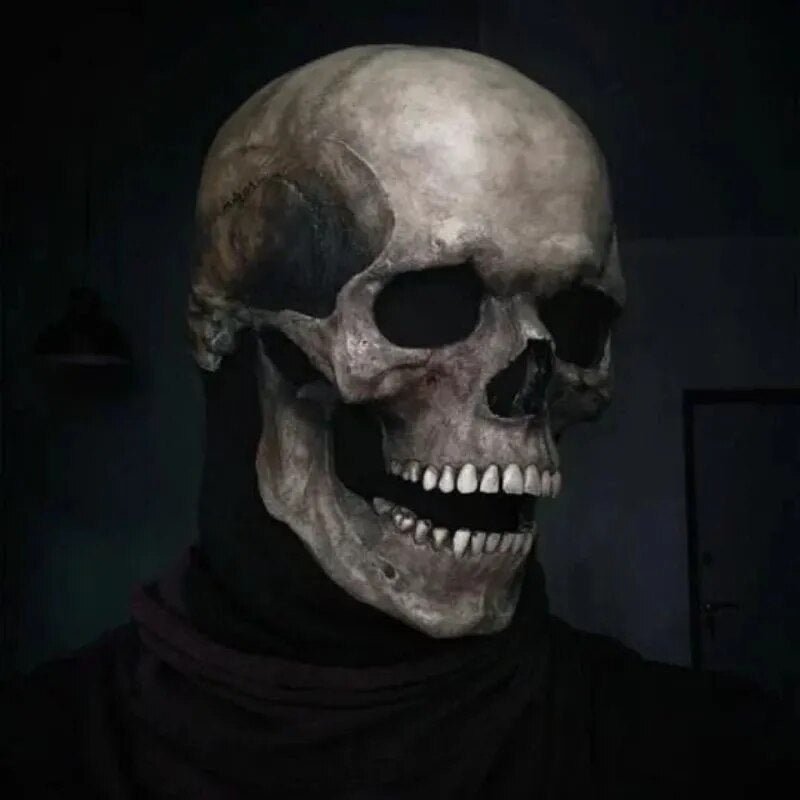 Skull mask worn to show full head coverage and skeleton detailing