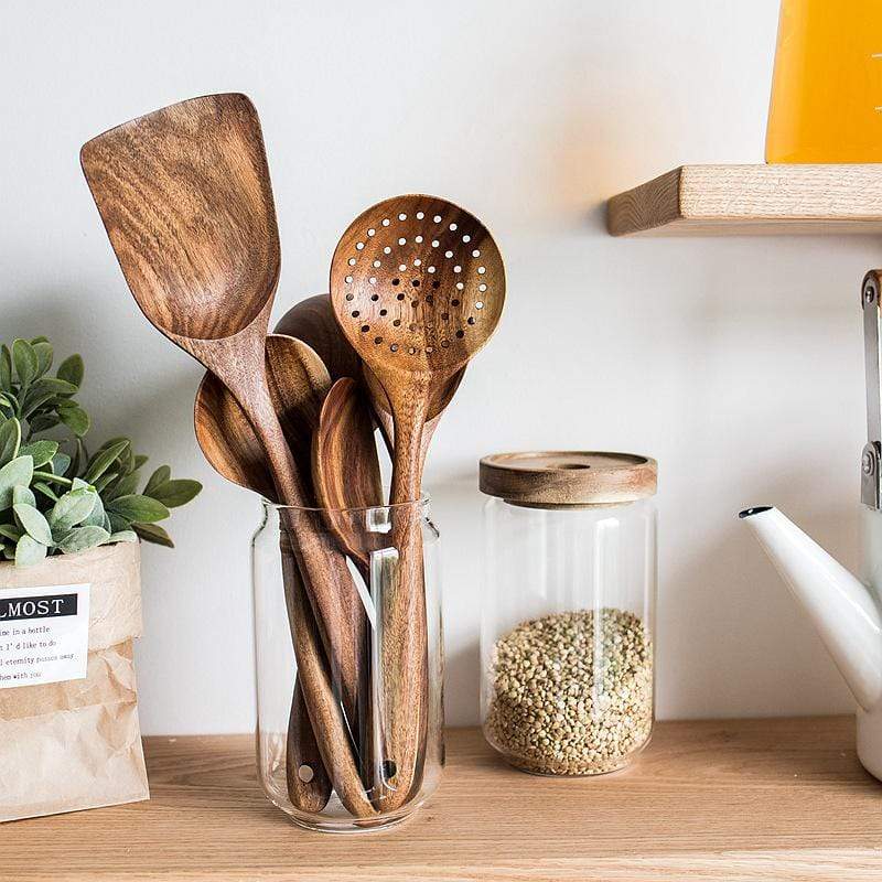 Wooden Kitchen Utensil Set with Spoons, Spatulas and Slotted Server | Heat Resistant Natural Wood | 4 or 7 Pieces