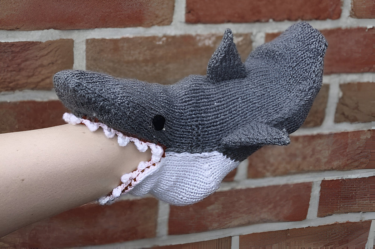 Shark style 3D knit socks with open jaws across the toes