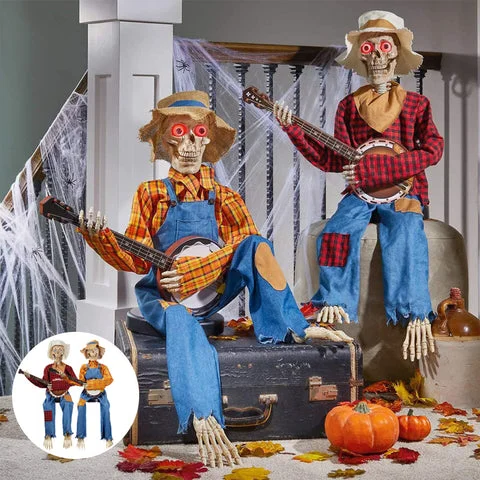 Halloween skeleton duo strumming banjos with glowing eyes