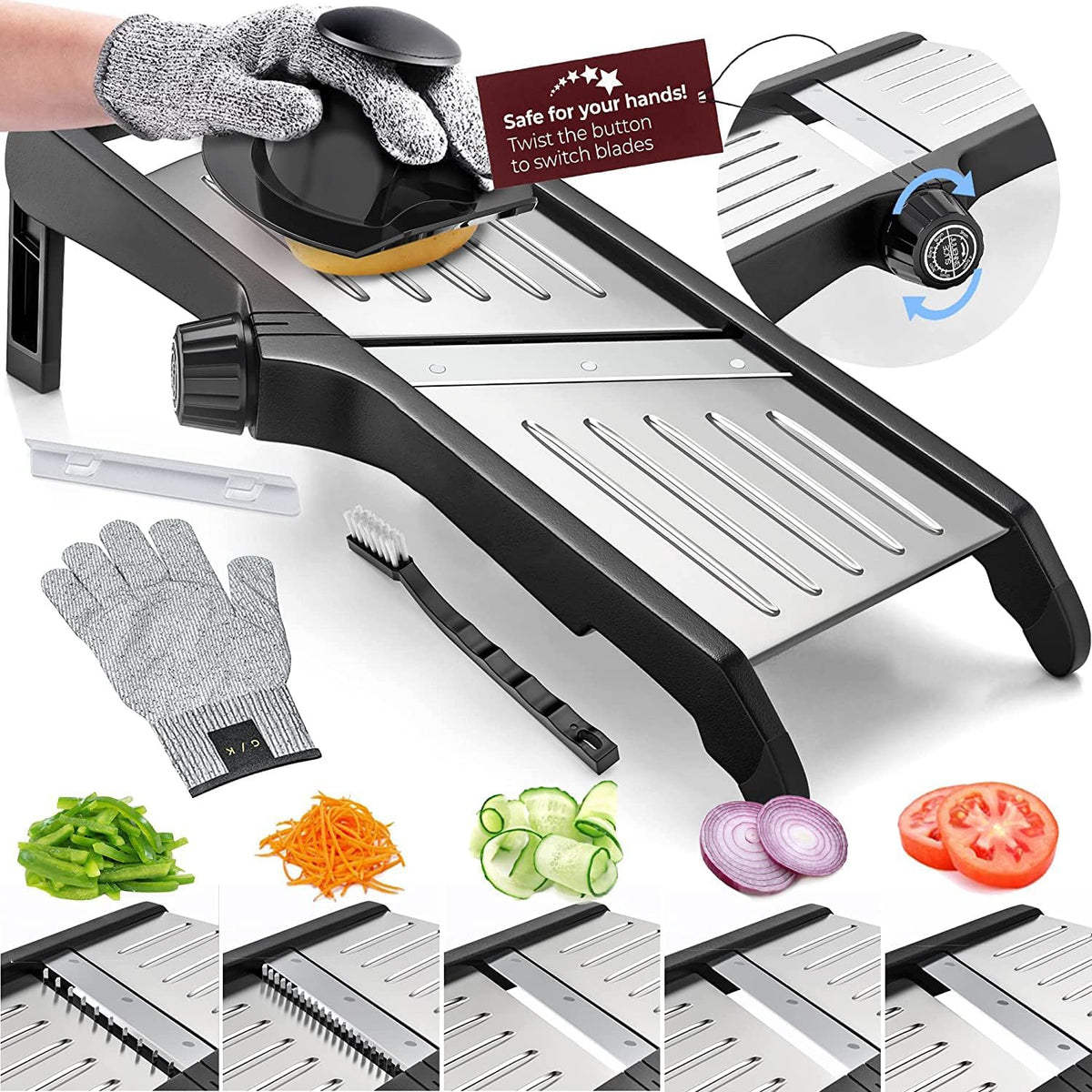 Adjustable Mandoline Slicer with Cut Resistant Gloves | Sharp Stainless Steel Blades | Kitchen Gadgets for Vegetables and Fruit