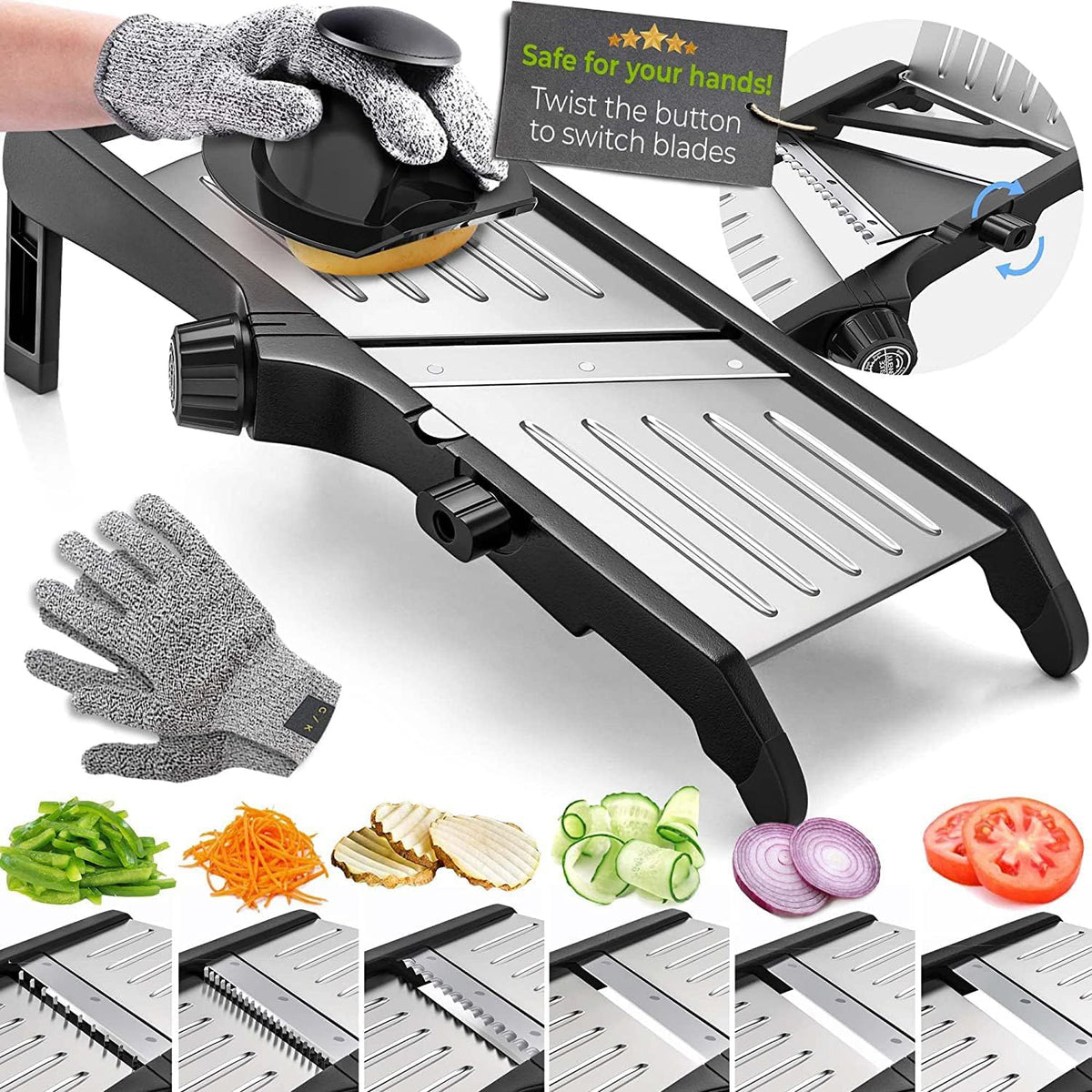 Adjustable Mandoline Slicer with Cut Resistant Gloves | Sharp Stainless Steel Blades | Kitchen Gadgets for Vegetables and Fruit