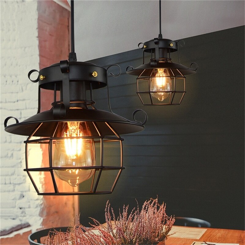 Vintage Industrial Cage Light Ceiling Fixture | Antique Loft Pendant Lamp with a 1 m Adjustable Cord, 22 cm Wide