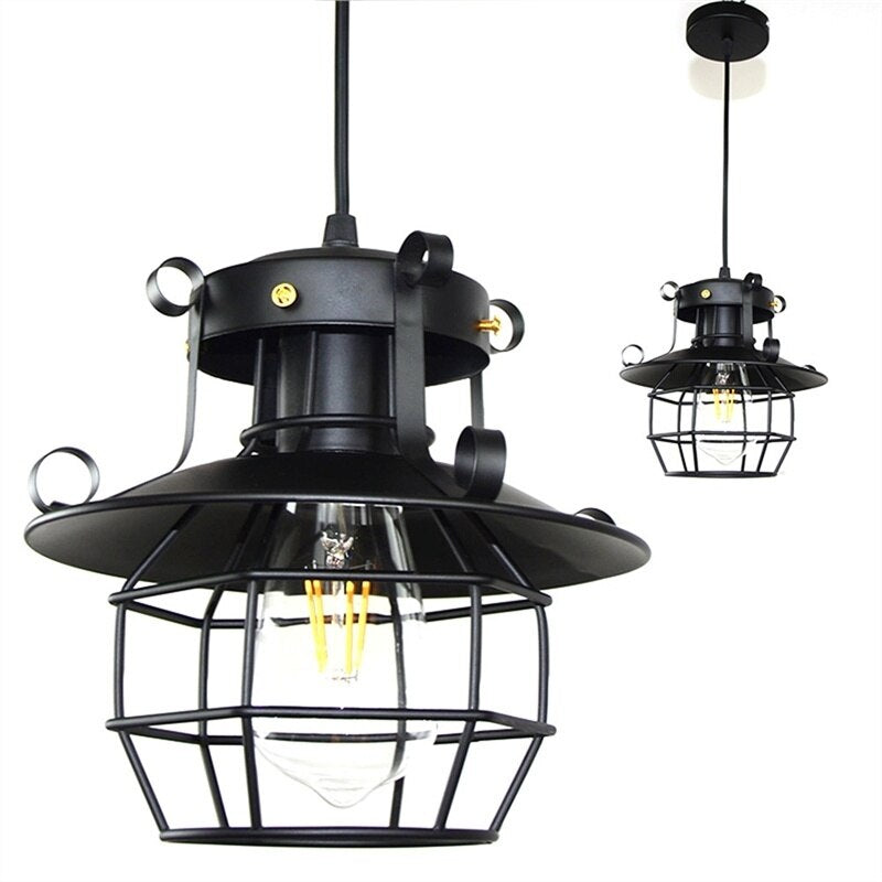 Vintage Industrial Cage Light Ceiling Fixture | Antique Loft Pendant Lamp with a 1 m Adjustable Cord, 22 cm Wide