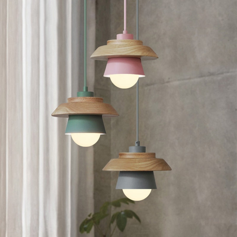 Nordic Wood Pendant Light with Aluminum Shade | Adjustable Hanging Length Up to 35.4 Inches | Available in 5 Colors