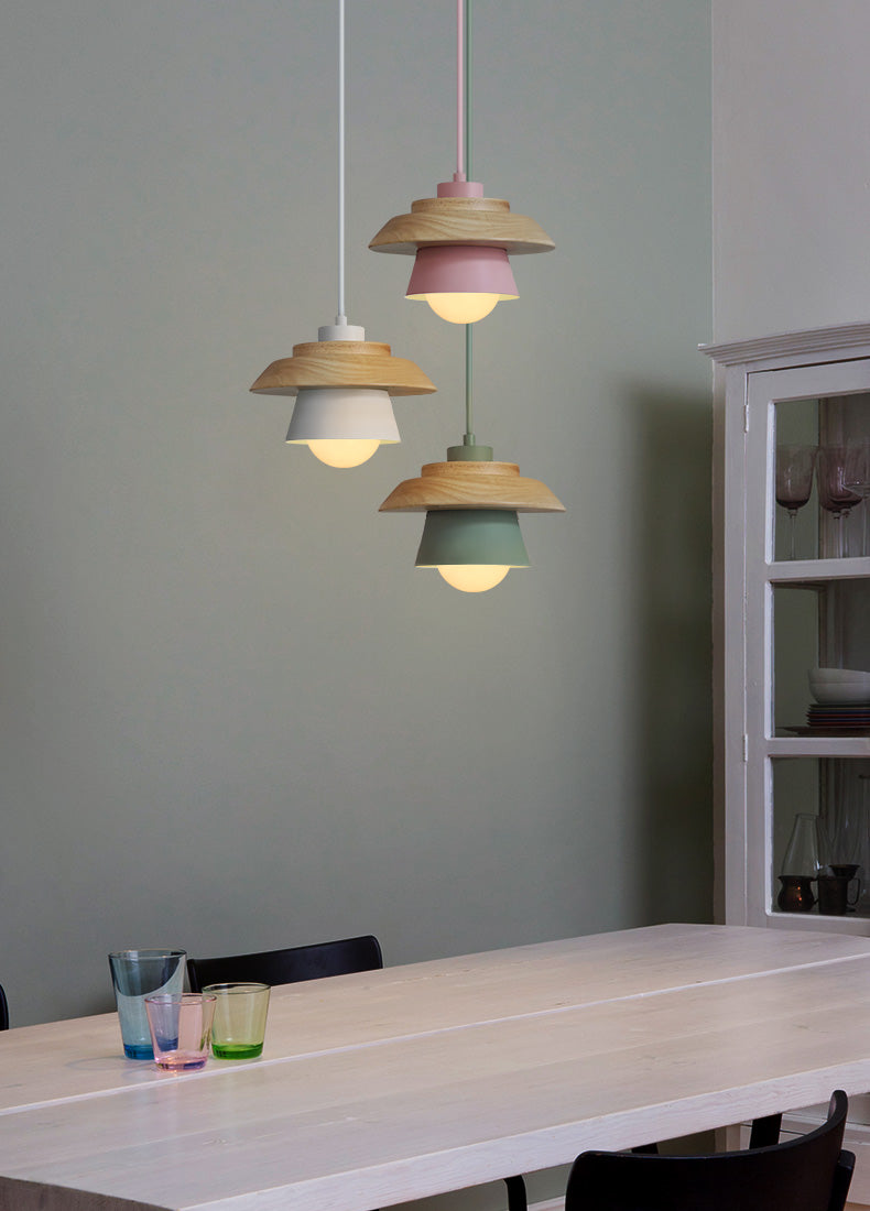 Nordic Wood Pendant Light with Aluminum Shade | Adjustable Hanging Length Up to 35.4 Inches | Available in 5 Colors