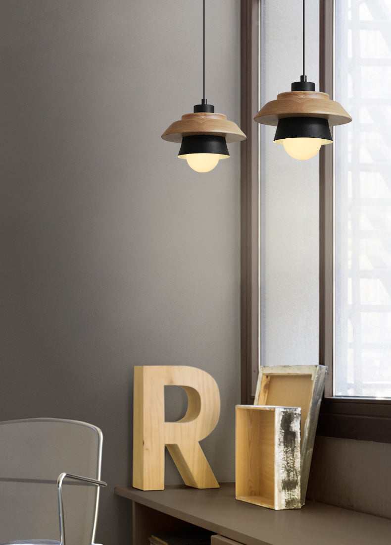 Nordic Wood Pendant Light with Aluminum Shade | Adjustable Hanging Length Up to 35.4 Inches | Available in 5 Colors