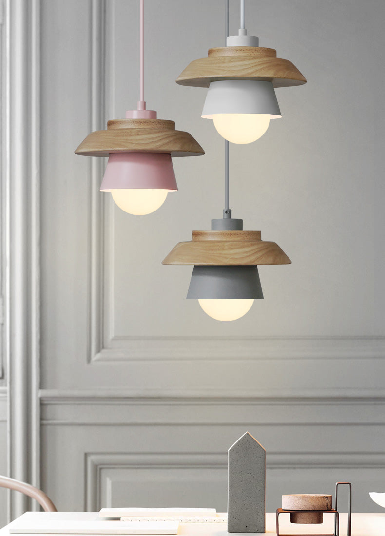 Nordic Wood Pendant Light with Aluminum Shade | Adjustable Hanging Length Up to 35.4 Inches | Available in 5 Colors