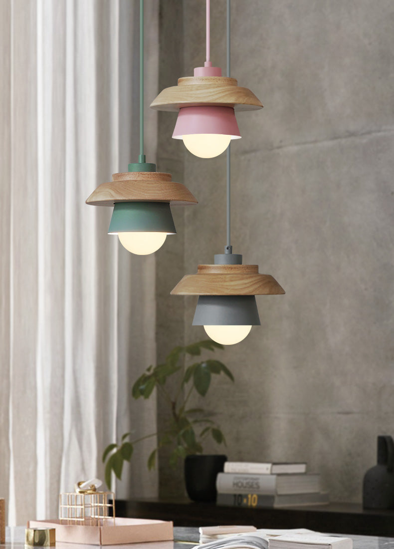 Nordic Wood Pendant Light with Aluminum Shade | Adjustable Hanging Length Up to 35.4 Inches | Available in 5 Colors