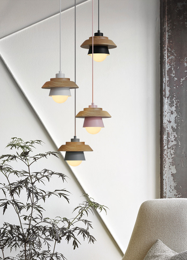 Nordic Wood Pendant Light with Aluminum Shade | Adjustable Hanging Length Up to 35.4 Inches | Available in 5 Colors