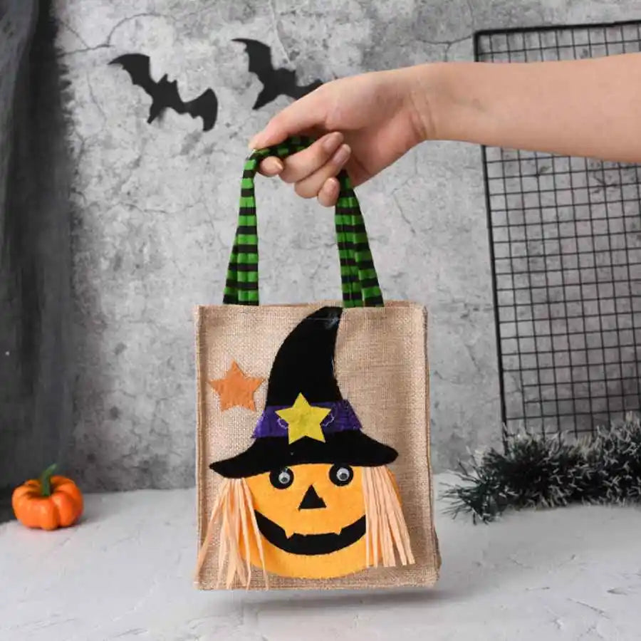 Halloween Trick Or Treat Bag | 10.23 X 5.9 In Cotton Linen With Sturdy Handles | Pumpkin, Cat, Witch Or Skull Design