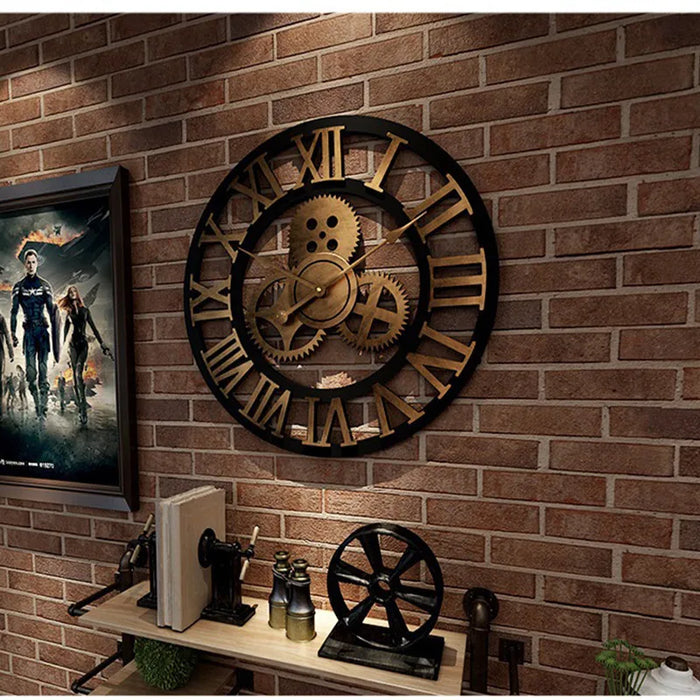 Retro Industrial Wall Clock with Exposed Gears and Roman Numerals | Round 11.8 in Dial | 3 Colors