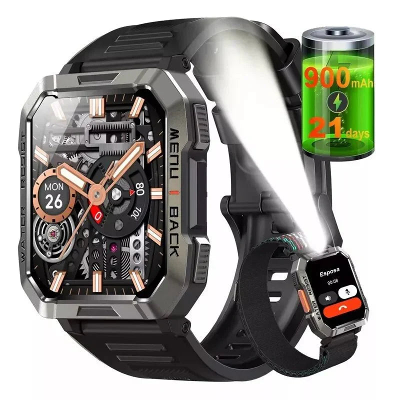 Rugged Smart Watch with 900 mAh Battery and Flashlight | Compass, SOS and Call Function | IP67 Water Resistant