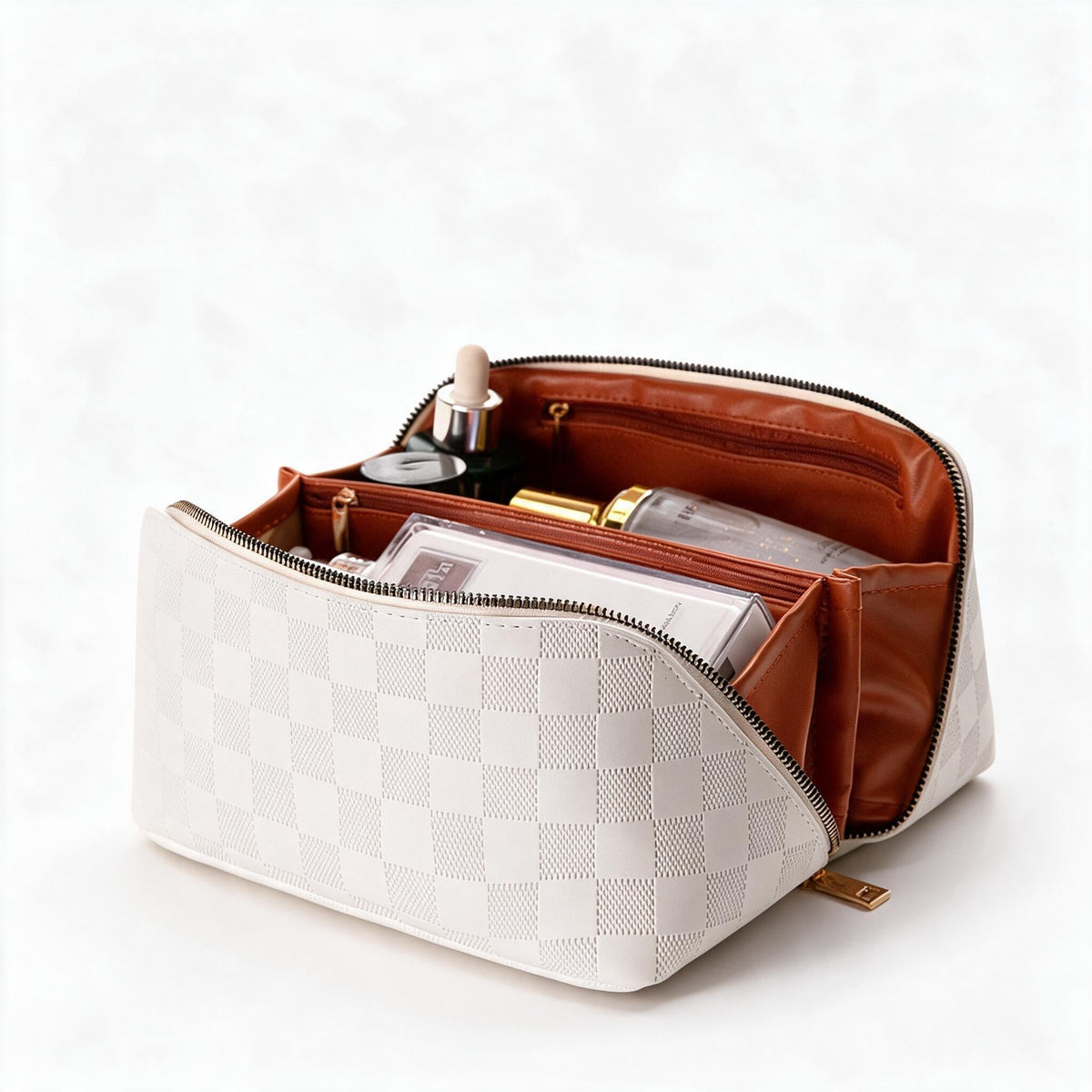 Checkered Travel Bags for Makeup with Carry Handle | Faux Leather Cosmetic Case with Several Compartments