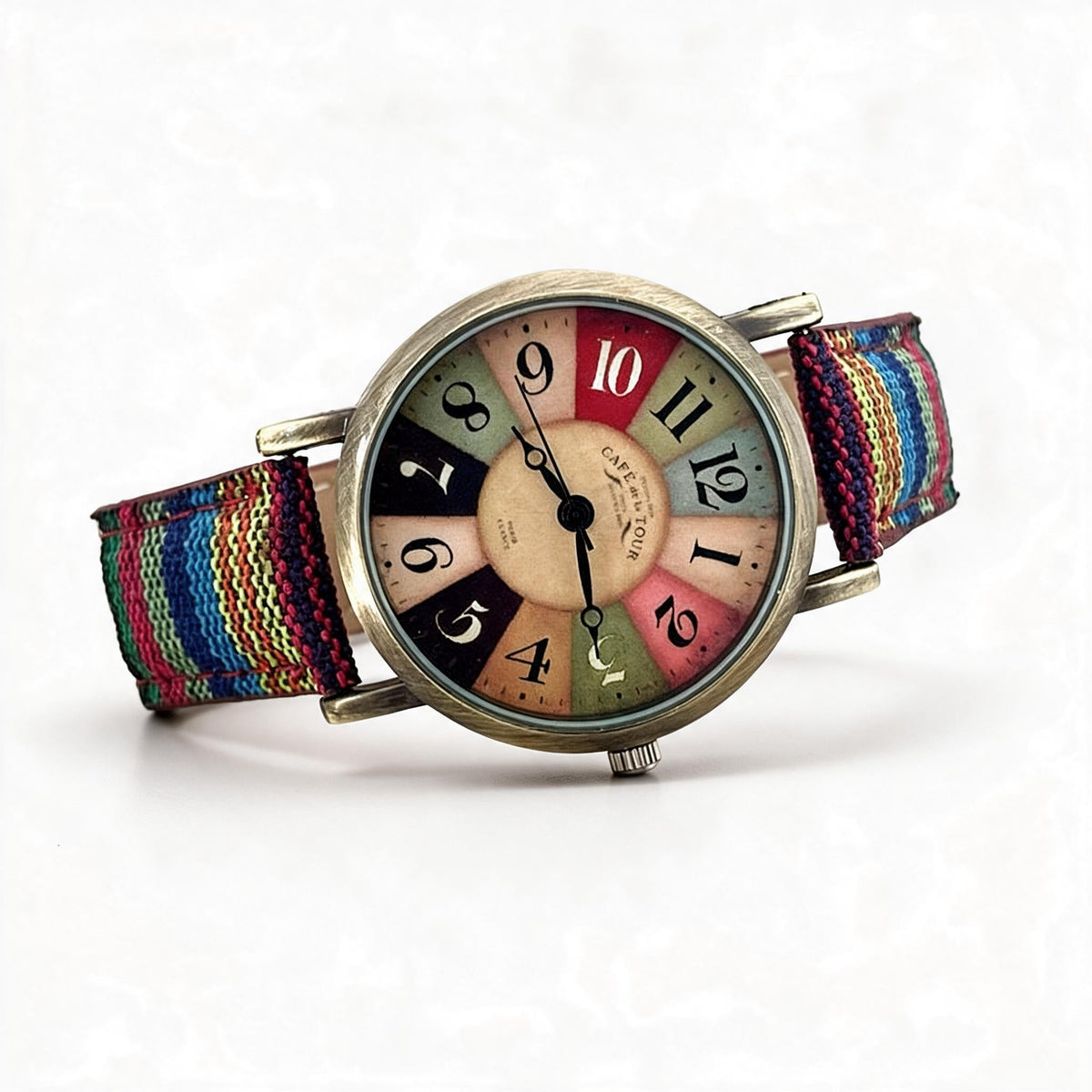 Vintage Wristwatch for Ladies with Multicolor Numerals | Woven Fabric Bracelet Strap | Three Band Colorways in One Round Case