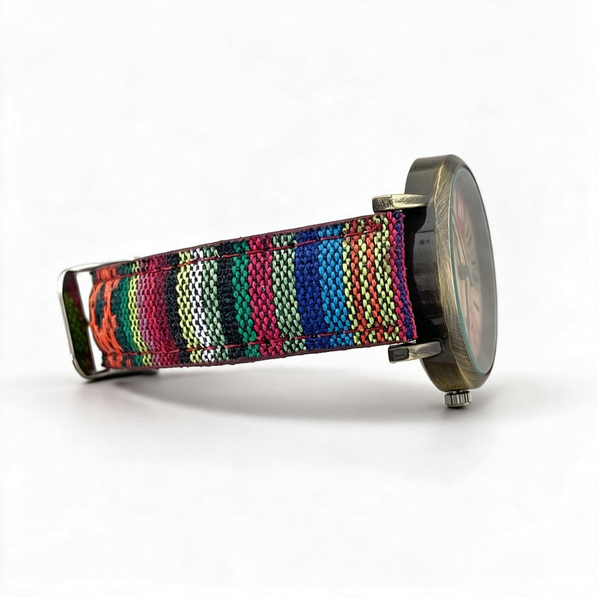 Vintage Wristwatch for Ladies with Multicolor Numerals | Woven Fabric Bracelet Strap | Three Band Colorways in One Round Case