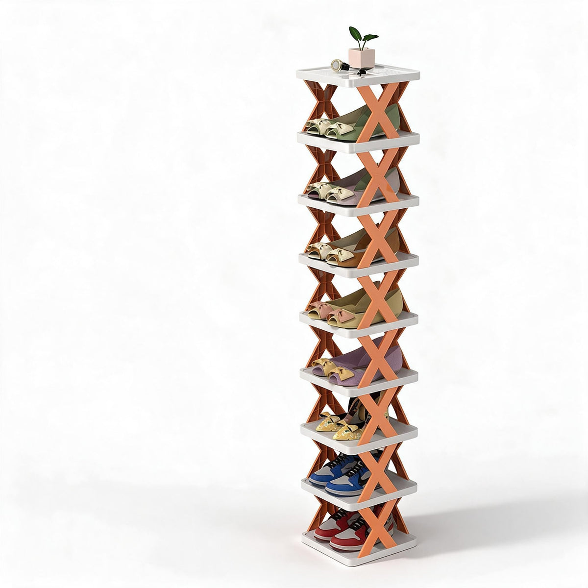 Shoe Rack with Three to Eight Vertical Tiers for Narrow Halls | Side Guards and a Top Shelf | Waterproof PP in Orange, Blue or Green