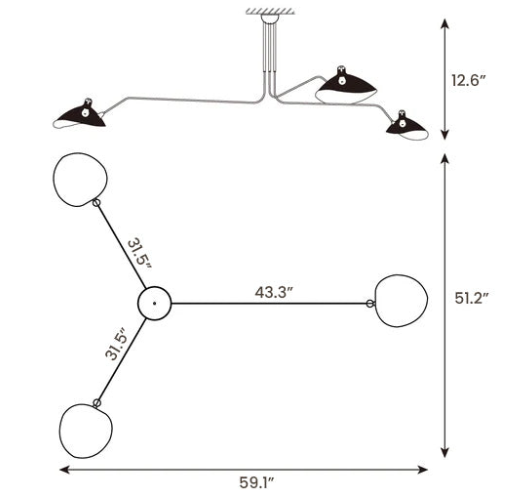 Multi-Arm Ceiling Light with Directional Reflectors | 3-Arm or 6-Arm Configurations | Spans Up to 86.6 Inches