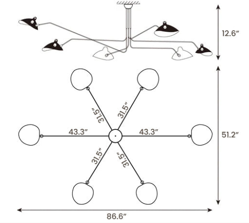 Multi-Arm Ceiling Light with Directional Reflectors | 3-Arm or 6-Arm Configurations | Spans Up to 86.6 Inches