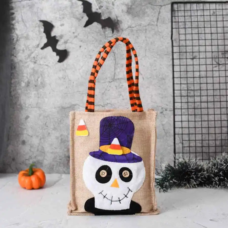 Halloween Trick Or Treat Bag | 10.23 X 5.9 In Cotton Linen With Sturdy Handles | Pumpkin, Cat, Witch Or Skull Design