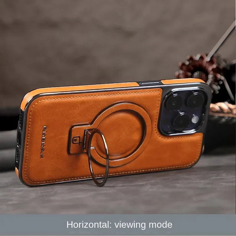 Leather Look Phone Case for iPhone 12 to 15 Pro Max | Hidden Fold Out Ring Stand for Landscape Viewing | Five Colors