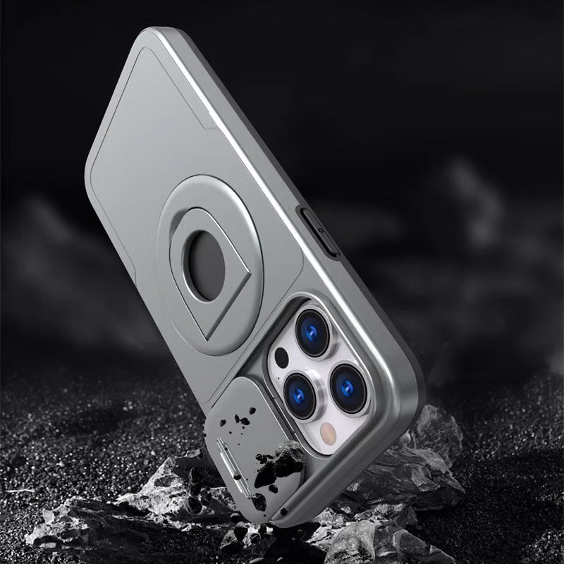 Shockproof Phone Case with Built-In Stand and Sliding Camera Cover | Magnetic Back for Car Mounts | iPhone 11 to 15 Pro Max