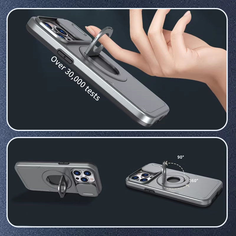 Shockproof Phone Case with Built-In Stand and Sliding Camera Cover | Magnetic Back for Car Mounts | iPhone 11 to 15 Pro Max