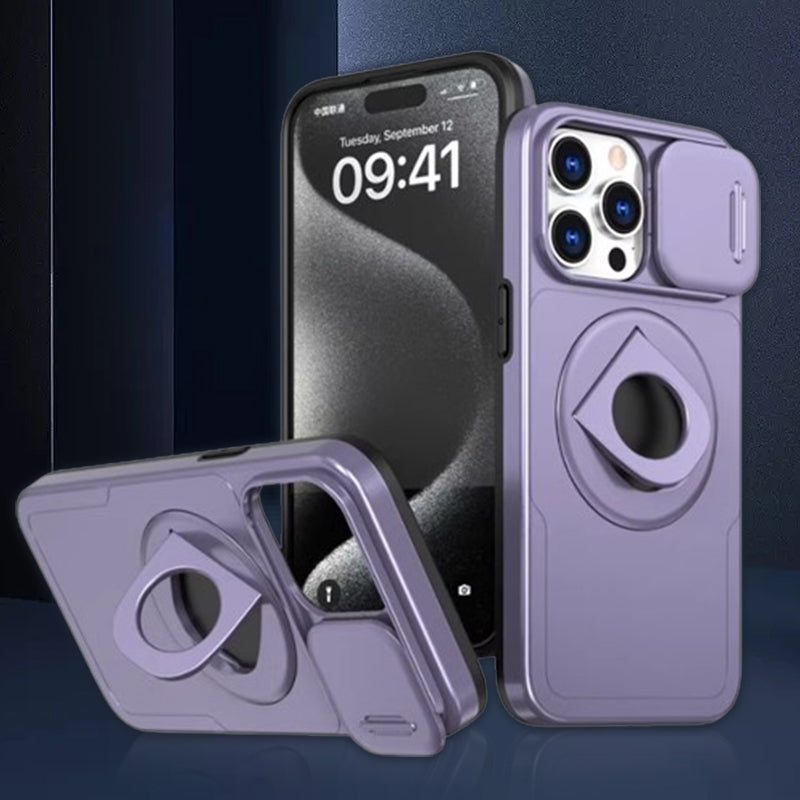 Shockproof Phone Case with Built-In Stand and Sliding Camera Cover | Magnetic Back for Car Mounts | iPhone 11 to 15 Pro Max