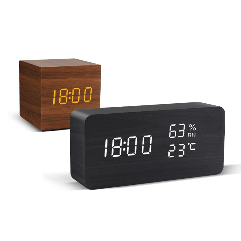 Wood Cube Alarm Clock with an LED Display, Temperature and Humidity | Three Wake Times, Sound or Touch Activated | Ten Styles