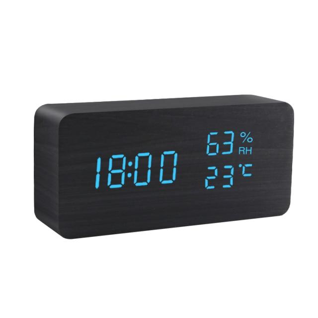 Wood Cube Alarm Clock with an LED Display, Temperature and Humidity | Three Wake Times, Sound or Touch Activated | Ten Styles