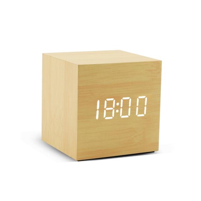 Wood Cube Alarm Clock with an LED Display, Temperature and Humidity | Three Wake Times, Sound or Touch Activated | Ten Styles