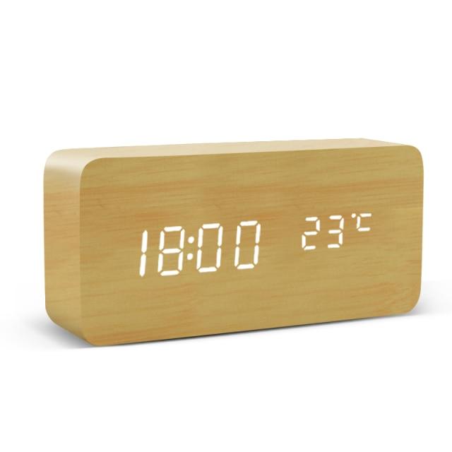 Wood Cube Alarm Clock with an LED Display, Temperature and Humidity | Three Wake Times, Sound or Touch Activated | Ten Styles