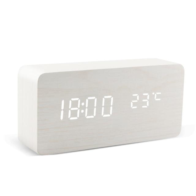 Wood Cube Alarm Clock with an LED Display, Temperature and Humidity | Three Wake Times, Sound or Touch Activated | Ten Styles